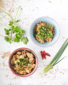 Malaysian claypot chicke (or tofu) rice in a rice cooker